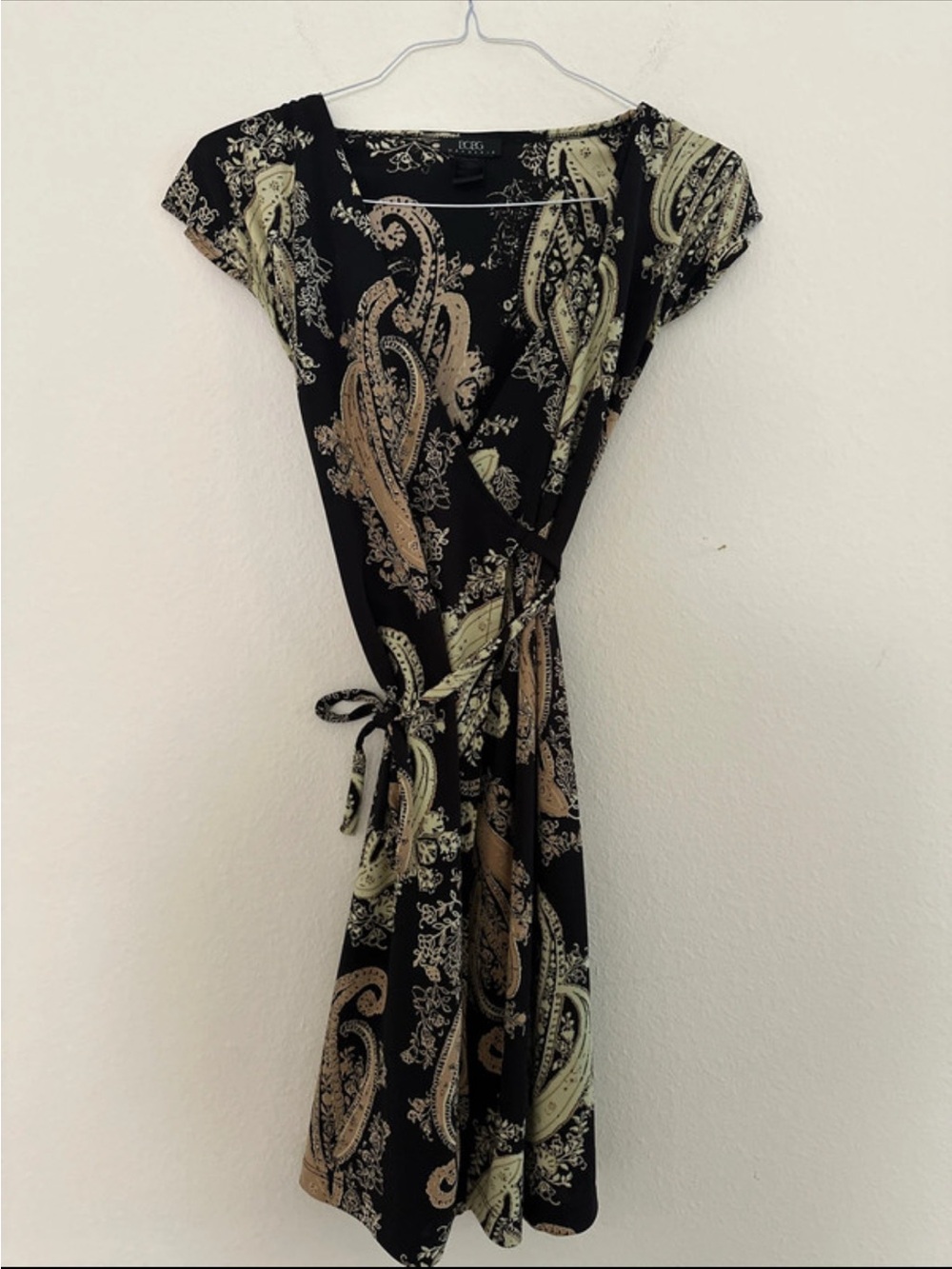 BCBGMaxAzria Black Paisley Wrap Dress with Beige and Cream Accents